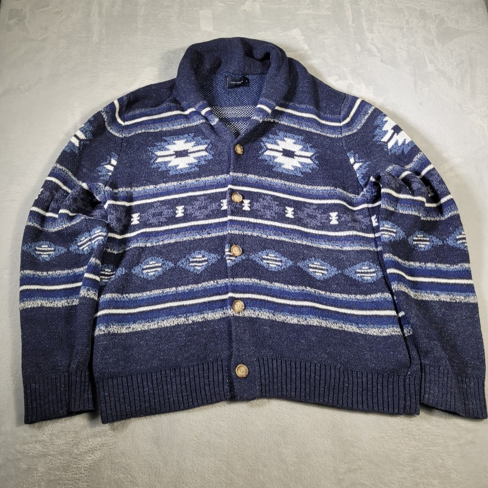 Lucky Brand Cardigan Sweater Mens XL Blue Southwestern Shawl Collar Cotton